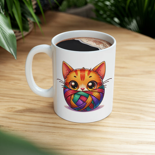 Colorful Yarn Kitty Ceramic Mug 11oz – Brighten Your Day with Every Sip!