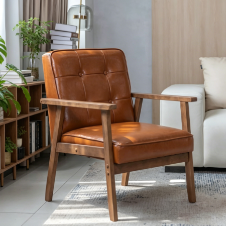 Beige Fabric Lounge Armchair, Mid-Century Wood Frame Armchair for Living Room, Bedroom